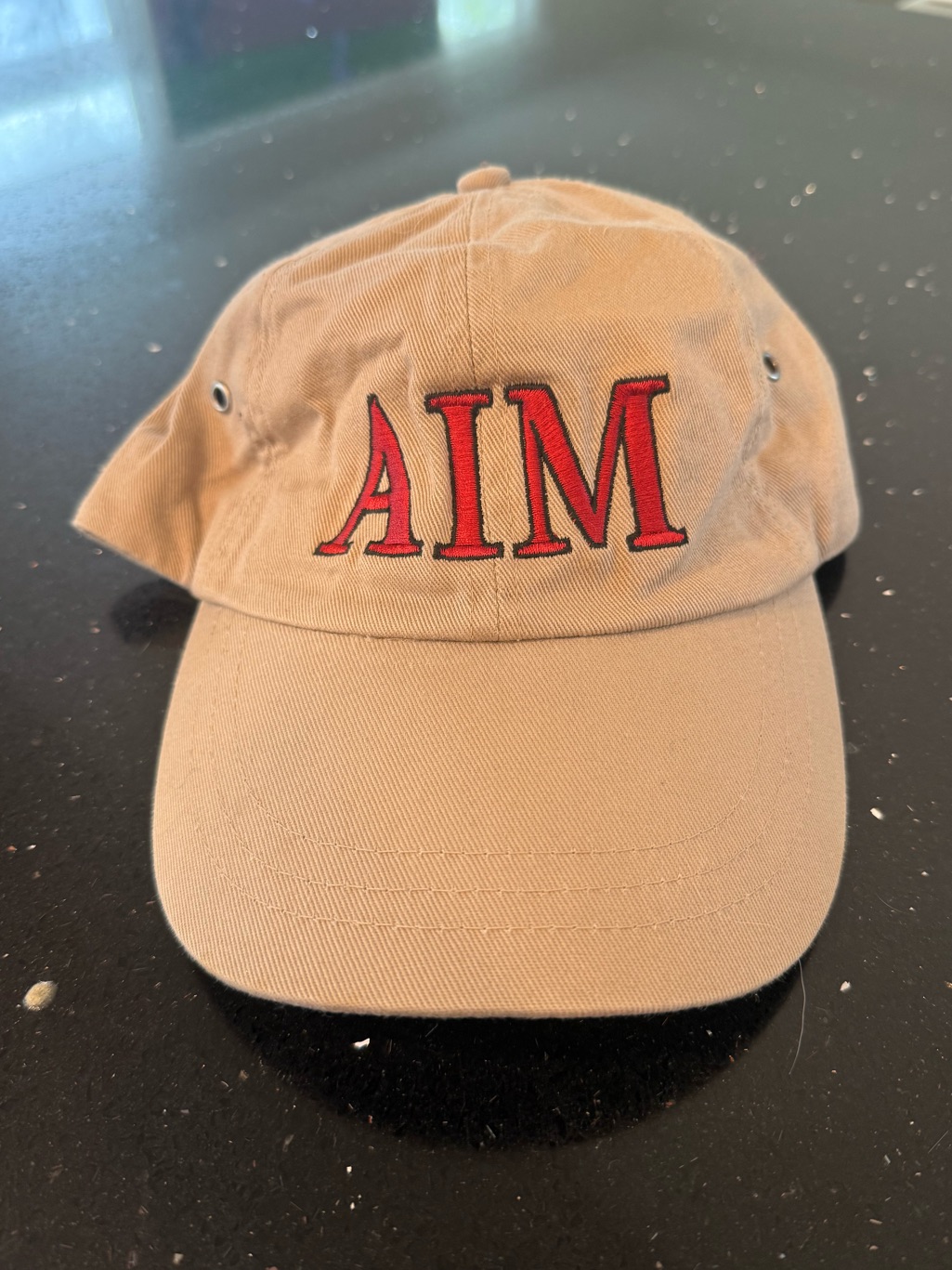 Beige Aim Embroidered Baseball Cap  Red Logo